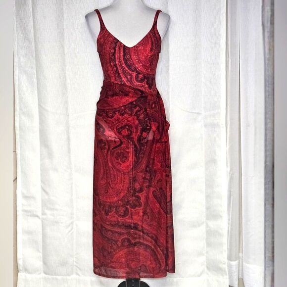 Anne Klein Deep Red & Black Paisley One piece Swimsuit & Skirt Wrap Cover-Up Set - Picture 1 of 15